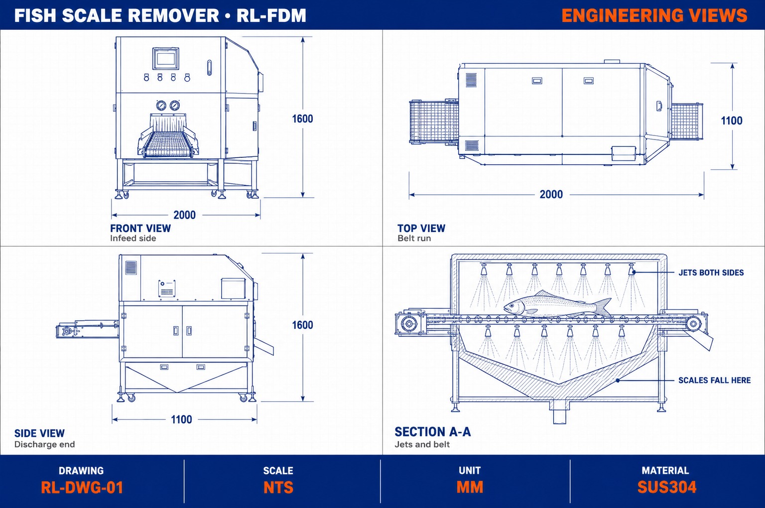 Fish descaling machine CAD engineering views — front, top, side and section
