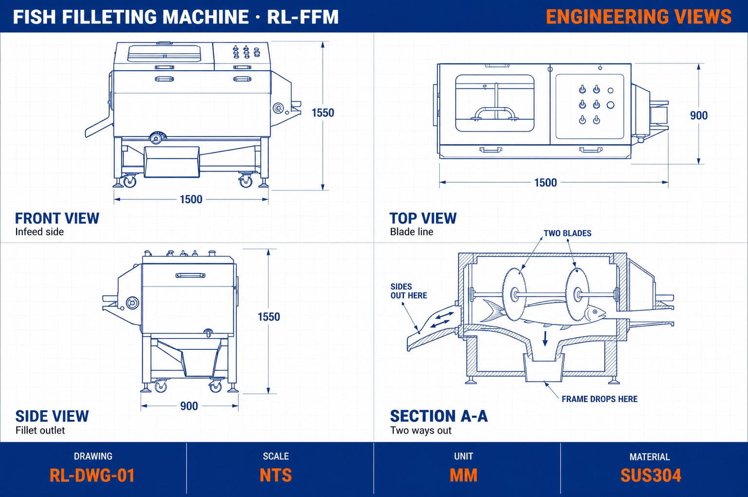 Fish filleting machine CAD engineering views