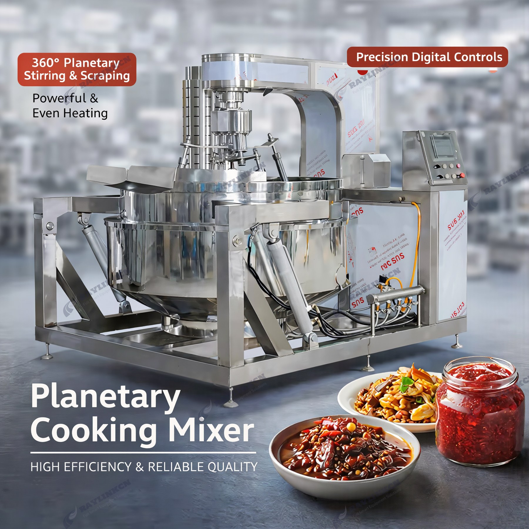 RayLink industrial planetary cooking mixer · 360° wall-scraping